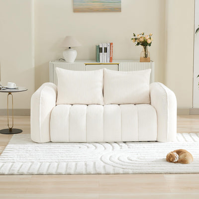 66'' Boneless Corduroy Loveseat Sofa, 2 Seater Tufted Deep Seat Couch with Rounded Armrest, Upholstered Cloud Couch for Living Room, Bedroom, No Assembly, White