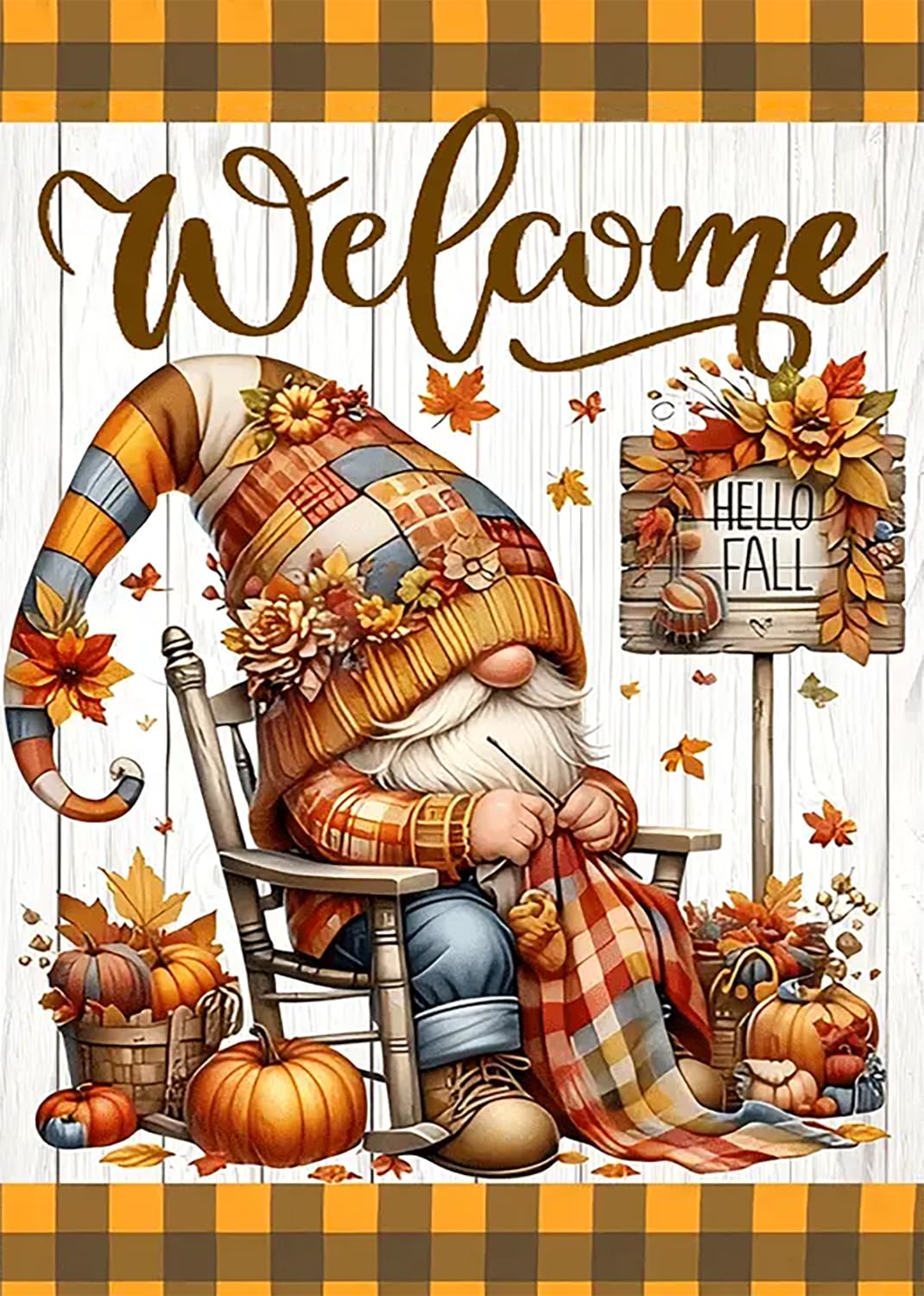 Hello Fall Gnome Sewing Diamond Art Kits for Adults, 5D Diamond Painting Kits for Adults Beginners, DIY Full Round Drill Diamond Dot Painting Gem Art Kits for Adult, Home Wall Decor 11.8x15.7 Inch VCLKDIY