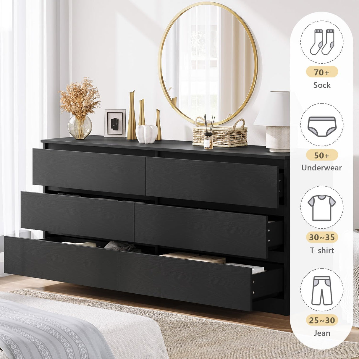 Modern 59'' Black Dresser for Bedroom, 6 Drawer Dresser with Minimalist Design, Thickened Panel & Smooth Metal Slides, Wood Long Chest of Drawers, Large Storage Wooden Dressers for Bedroom HarmonyHues
