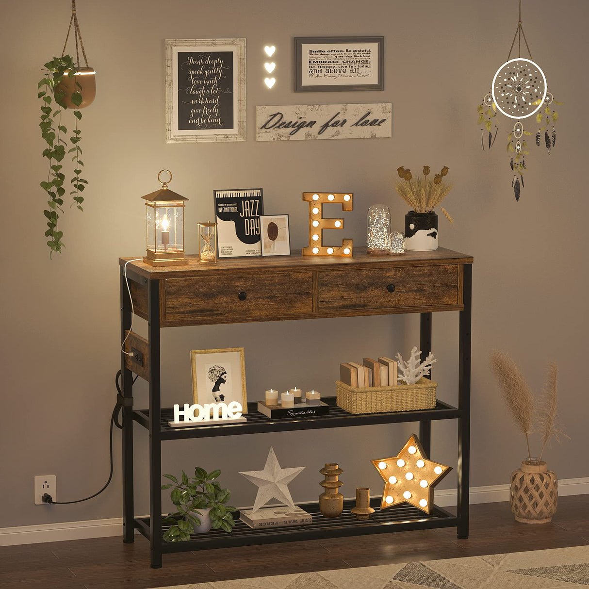 Ecoprsio Entryway Table with Outlets and USB Ports, Console Table with 2 Drawers, Small Sofa Table with Storage Shelves for Living Room, Couch, Hallway, Foyer, Kitchen Counter, 32'', Rustic Ecoprsio