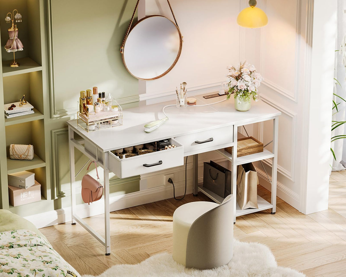 Coleshome Laptop Desk, 40 Inch Small Desk with Drawers & Power Outlet for Bedroom, Computer Desk Home Office Desk with Storage Shelves, Reversible Study Table Vanity Desk for Small Spaces, White Coleshome