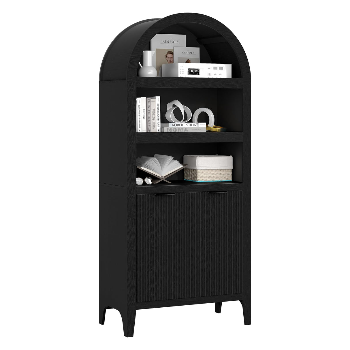 Arched Cabinet Bookshelf Black Arch Bookcase with Doors, Wooden Curved Book Case 5-Tier Tall Round Top Bookshelves for Living Room blini