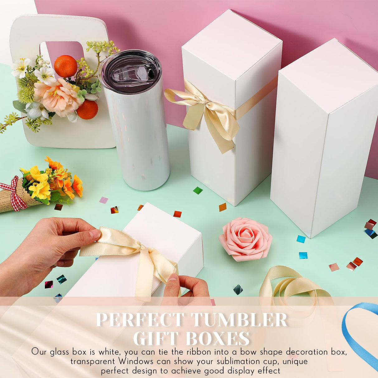 Qilery 12 Sets Gift Boxes with Ribbon for Sublimation Tumbler Gift Boxes for 12oz, 20oz, 30oz Glass Exhibition Boxes Tumbler Boxes for Shipping Cup Boxes Gift Packaging Box for Tumbler Cup (White) Qilery