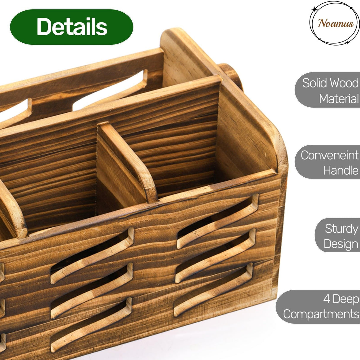 Noamus Silverware Caddy with Handle, 4 Compartments Wooden Flatware Utensil Holder, Cutlery Organizer Napkin Storage for Countertop, Kitchen Bathroom Bedroom, Farmhouse Decor, Party Camping Picnic Noamus