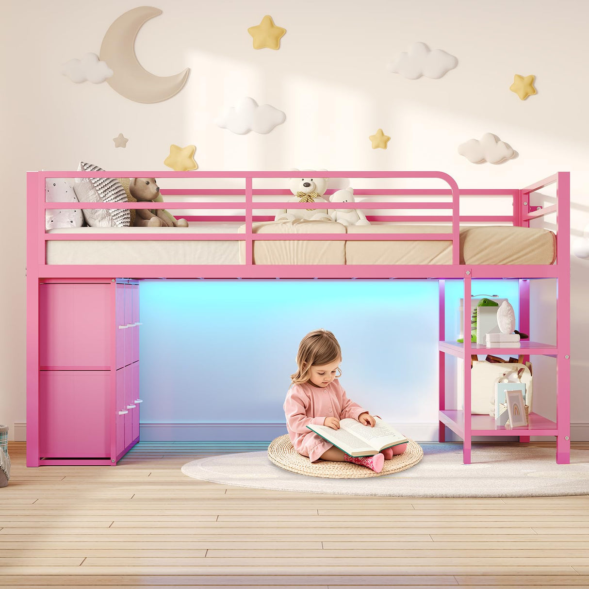 BTHFST Low Loft Bed Twin Size with 6 Storage Drawers, LED Lights, 2 Tier Storage Shelves, Kids Metal Loft Bed with 15" H Stairs & Safety Guardrail, Spave Saving, Pink BTHFST
