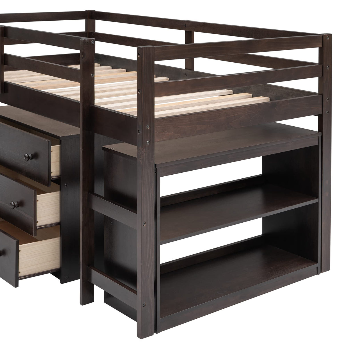 Twin Loft Bed with Desk Low Study Kids Twin Loft Bed with Storage Drawers, Low Loft Bed Twin for Kids Twin Loft Bed with Safety Guard Rails and Bookcase Shelf (Espresso, Twin Loft with Desk) Harper & Bright Designs