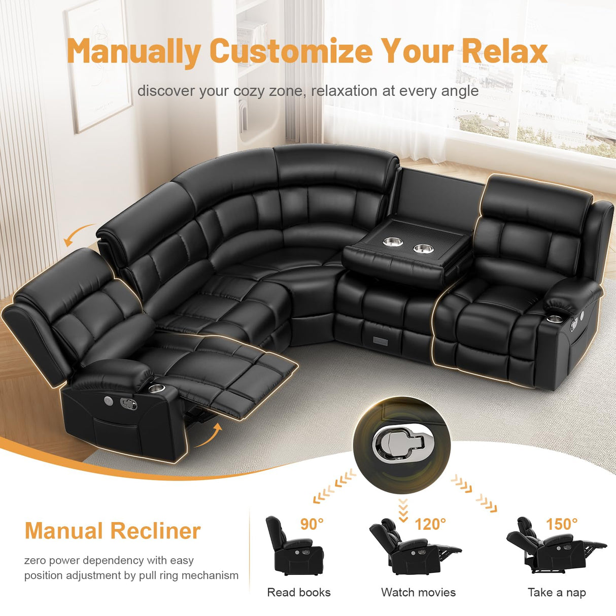 Dresegmt Recliner Sectional Sofa, 5 Seat L-Shaped Manual Reclining with Flip Middle Backrest Design, Large Storage Drawer, USB Ports, Recliner Sofa Couch for Home Theater Seating (Black) Dresegmt