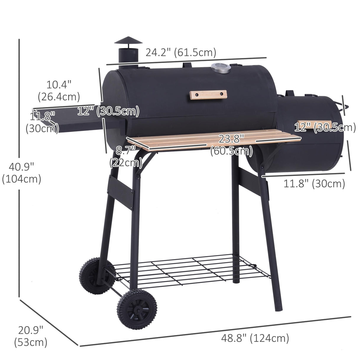 Outsunny 48" Portable Barrel Charcoal BBQ Grill, Steel Outdoor Barbecue Smoker with 232 Square Inches Cooking Space, Storage Shelf, Wheels for Garden Camping Picnic, Black Outsunny