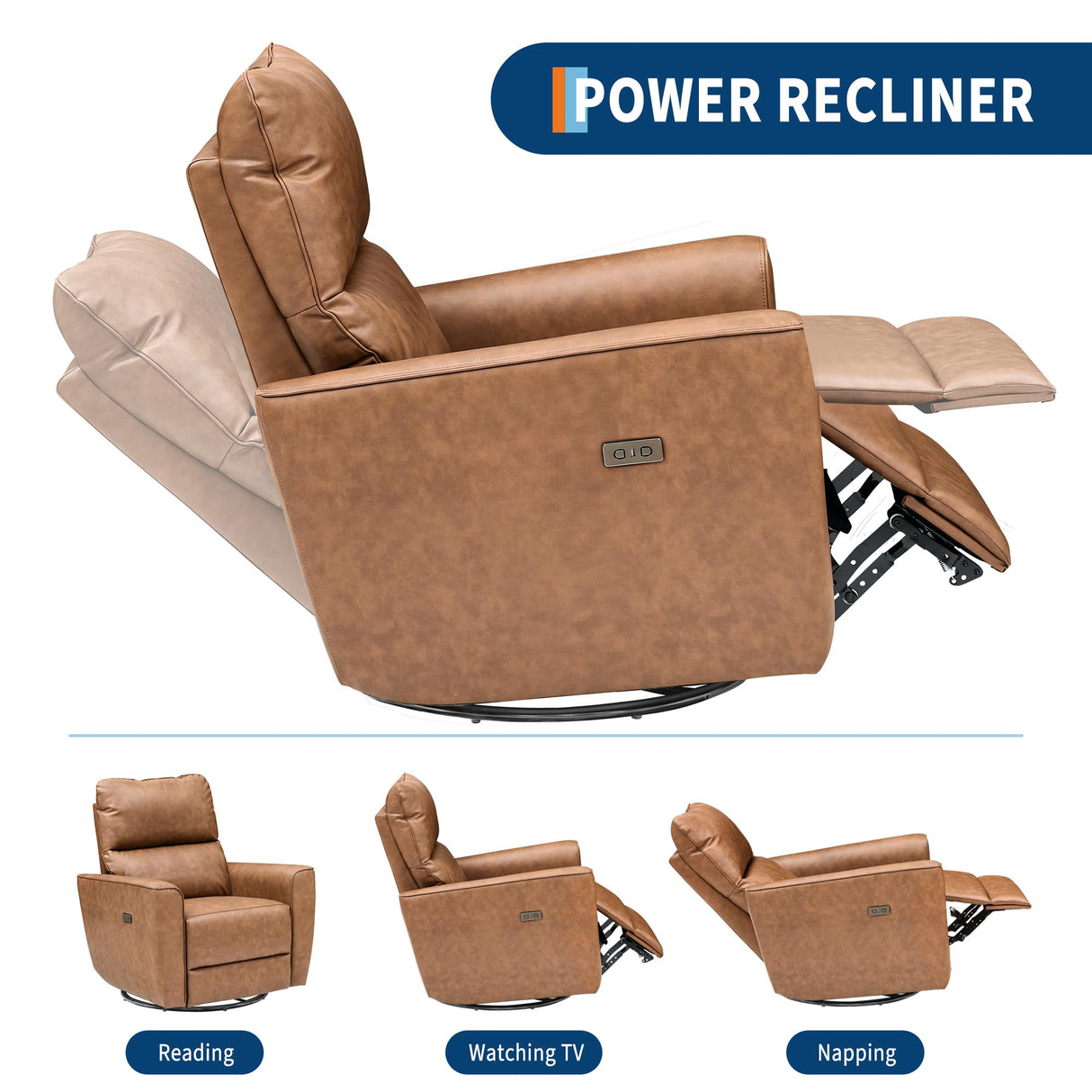 GAOMON Power Recliner Chair Swivel Glider Faux Leather Upholstered Nursery Rocker Reclining Sofa Chair with Charging Port, Curved Armrests & Padded Backrest for Living Room and Bedroom (Brown) GAOMON