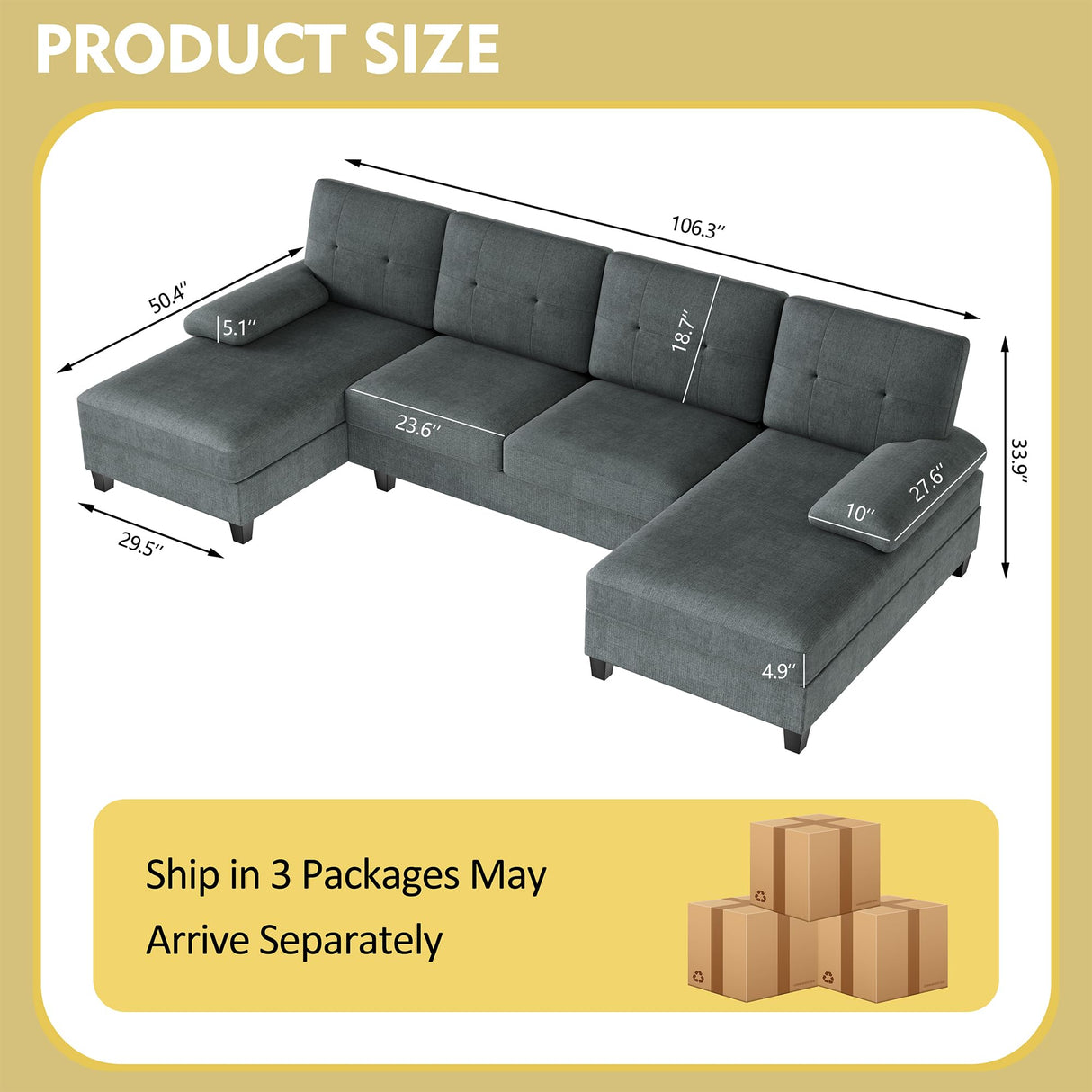 Walsunny Sectional Couches for Living Room, Convertible U-Shaped Sofa Couch with Double Chaise, 4 Seat Sofa Set Modular Sofa Couch for Apartment, Dark Grey Walsunny