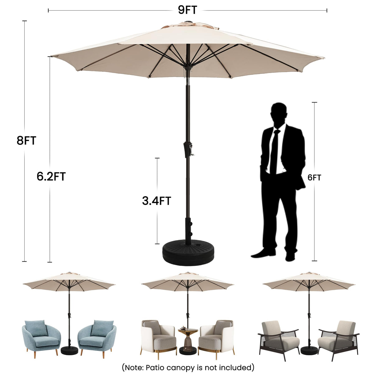 Ayge 9FT Large Outdoor Patio Umbrella Market Table Umbrella-UV Resistant, Easy Push Button Tilt and Crank, 8 Sturdy Fiberglass Ribs Heavy-Duty Pool Umbrella for Deck, Backyard,Garden, Yard,Black Ayge