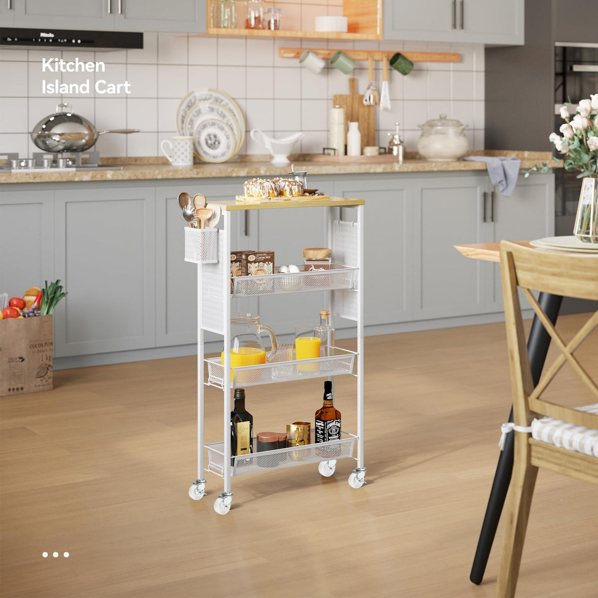 YITAHOME 4-Tier Slim Rolling Cart, Kitchen Cart with Wheels, Storage Cart with Wooden Tabletop and Mesh Baskets, Mobile Utility Cart for Narrow Space YITAHOME