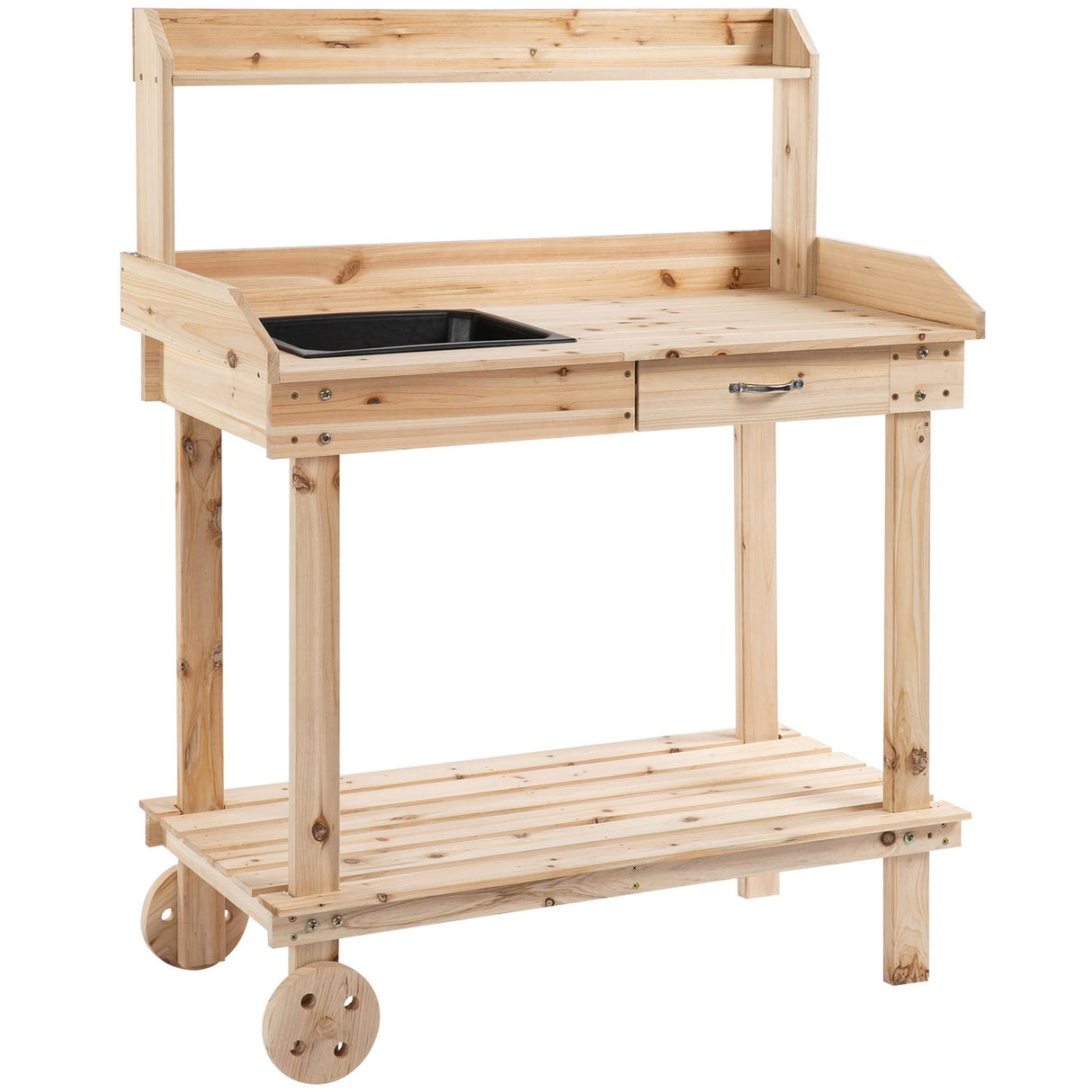 Outsunny 36'' Wooden Potting Bench Work Table with 2 Removable Wheels, Sink, Drawer & Large Storage Spaces, Natural Outsunny