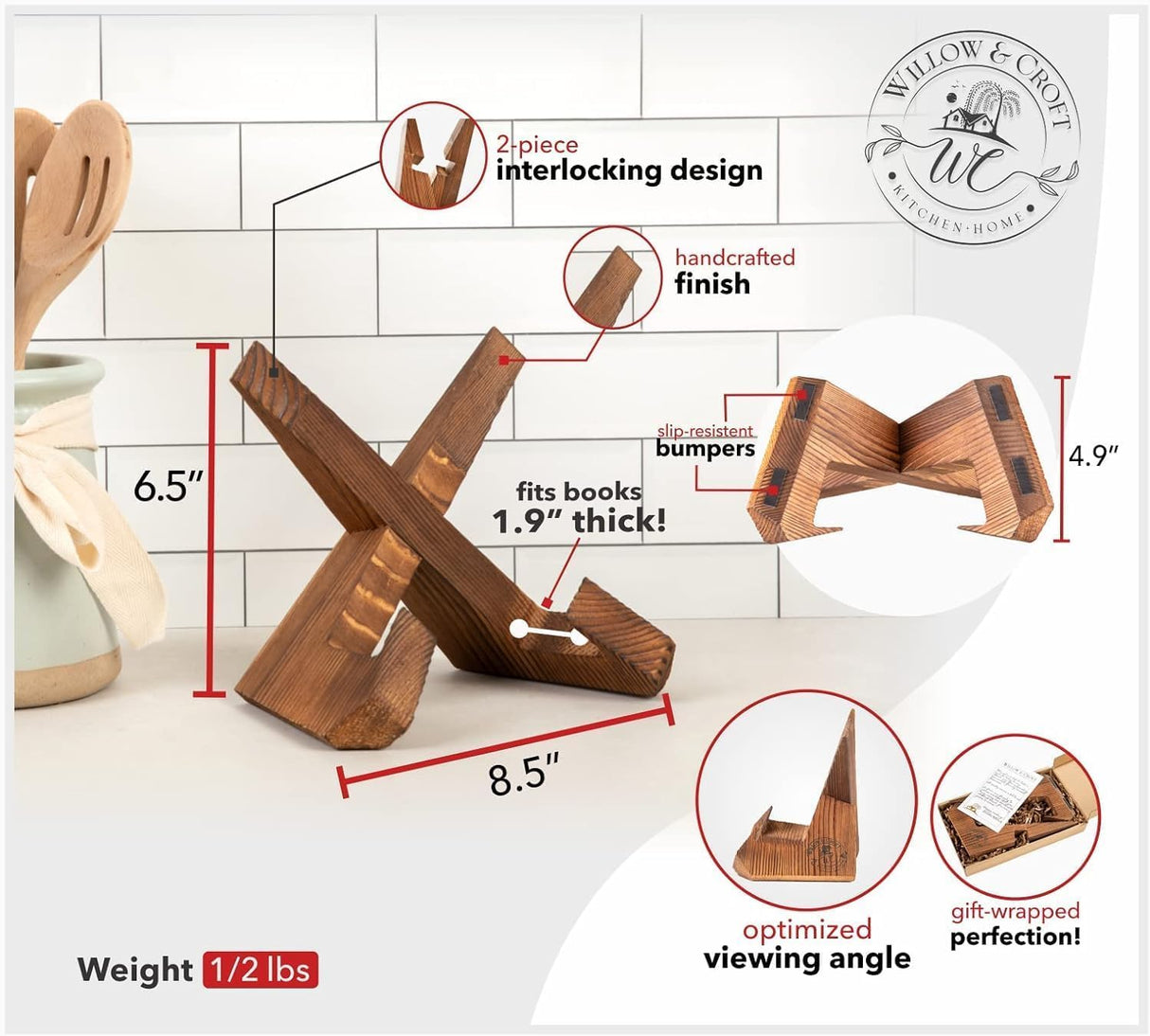 Willow & Croft Cook Book Stand. Rustic Farmhouse Plate Display Stand, Photo Picture Frame Display Stand, Cookbook Holder, Recipe Book Holder. Distressed Cookbook Stand for Kitchen Counter. Home Decor. Willow & Croft