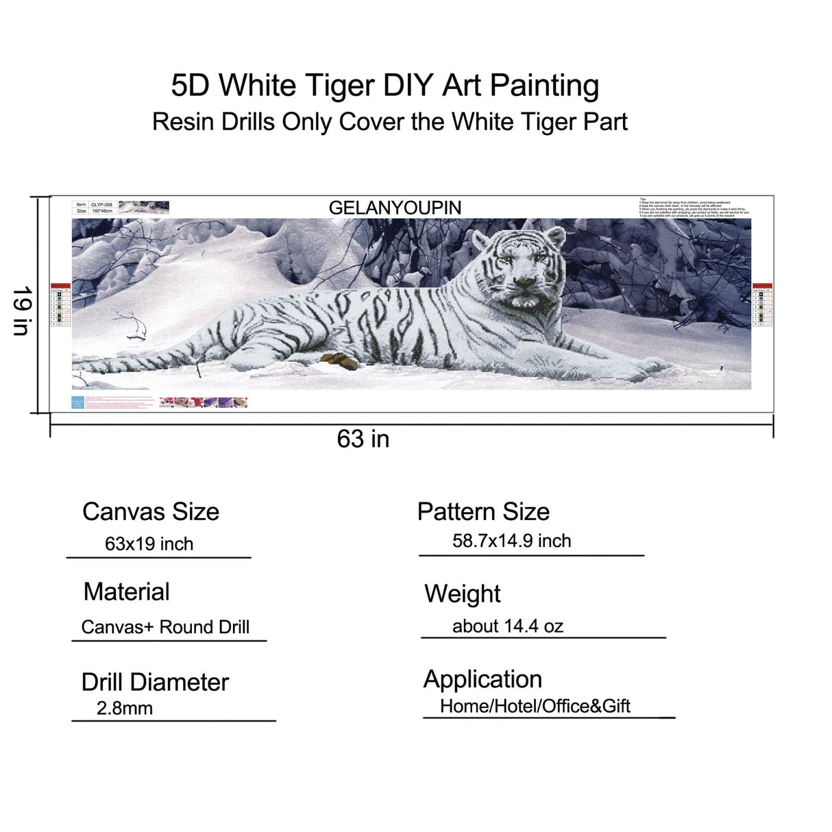 GELANYOUPIN DIY 5D Large Resin Beads Painting by Numbers Kits Crystal Rhinestone Embroidery Paintings Pictures Arts Craft for Home Wall Decor Partial Drill White Tiger Paint (58.7.x14.9inches) GELANYOUPIN