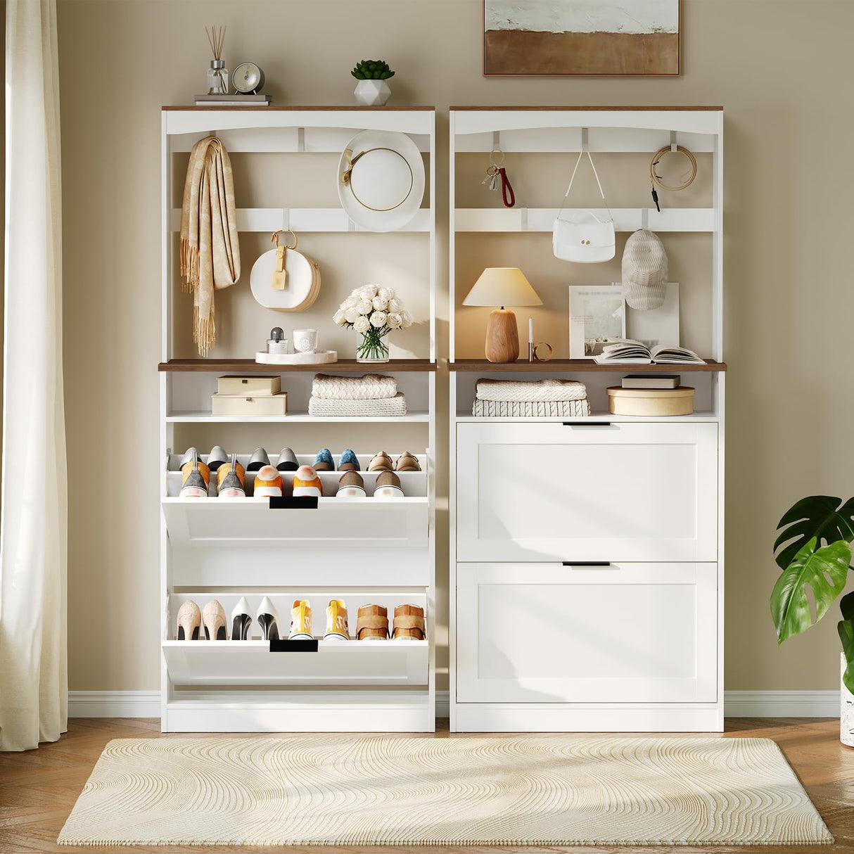 YATINEY Tall Shoe Cabinet with Flip Drawers and Coat Rack, Floor Standing Modern Shoe Storage Organizer, 2-in-1 Hall Tree with Movable Hooks and Open Shelves, for Entryway, White and Walnut SC01WH YATINEY