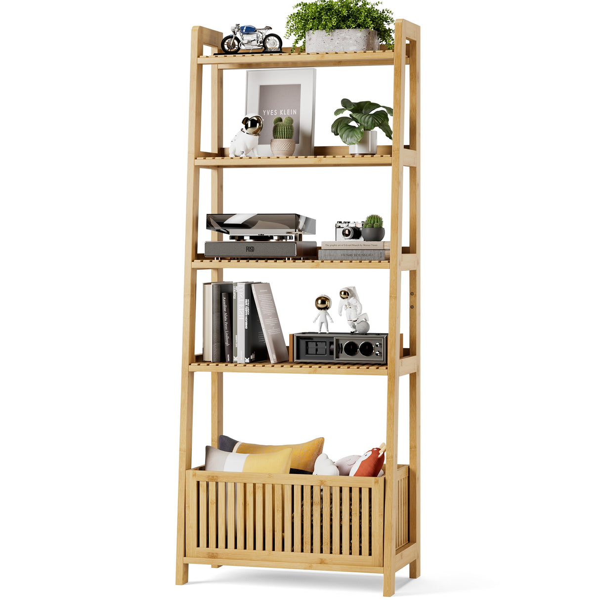 Bamjoy Bamboo Ladder Shelf, Bookshelf with 4 Display Shelves and 1 Open Storage Basket, Multifunctional Storage Rack Organizer for Home Office, Bedroom, Living Room, 66” H Natural Bamjoy