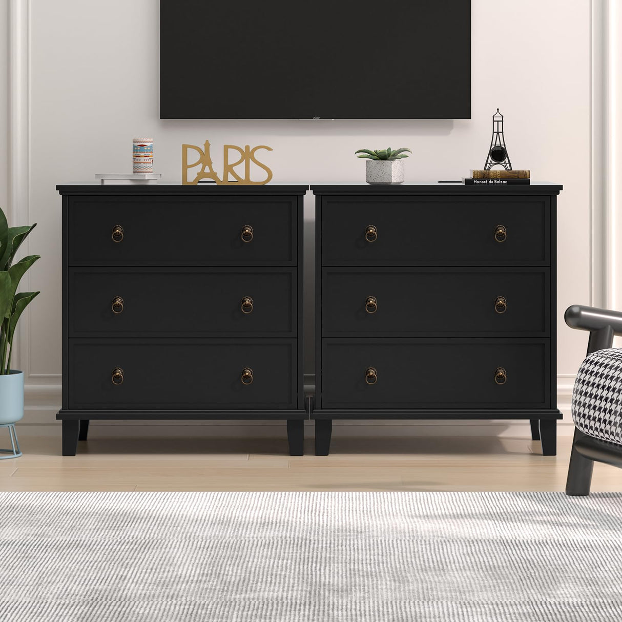 COWMOU 27.6 Inch Wide Nightstand Set of 2 with Charging Station, 3 Drawers Nightstand for Bedroom, Wooden Black Large Bedside End Table for Living Room, Bedroom, Study, Office COWMOU