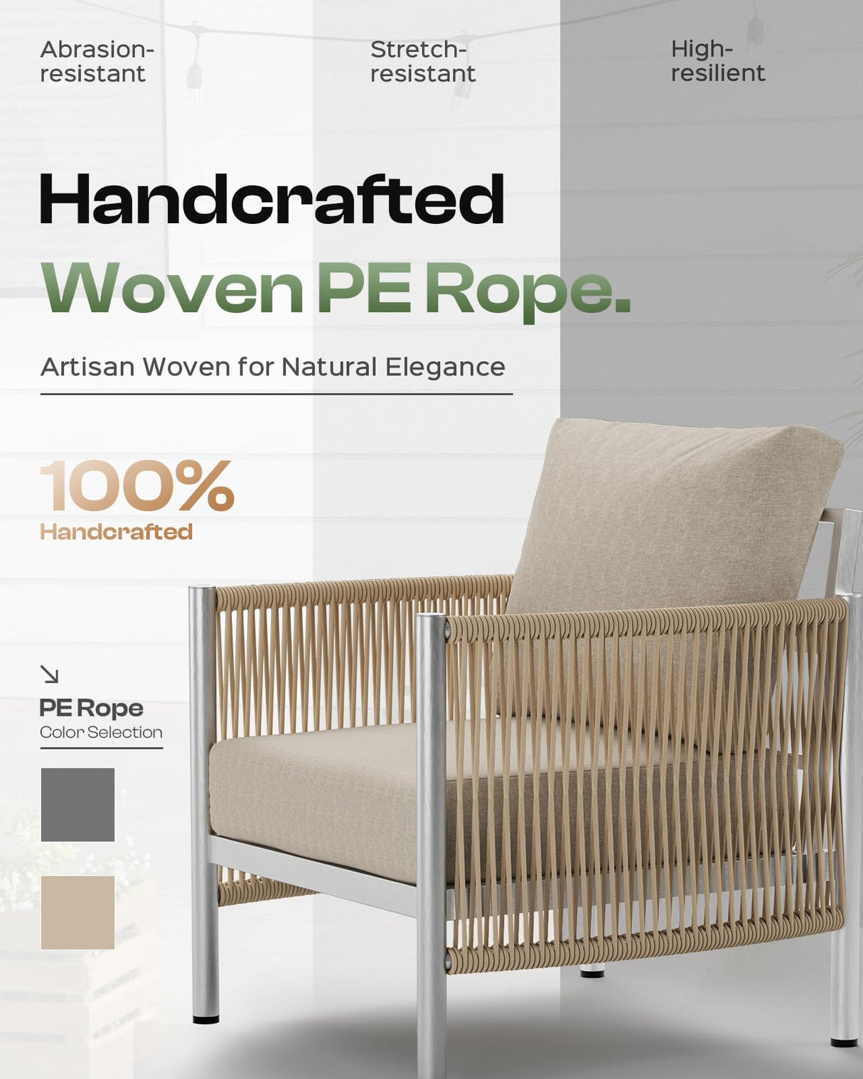 Oasbira Aluminum Outdoor Patio Furniture Set, HDPE Rope 5 Piece Modern Sectional Conversation Sets with Dual-Layer Coffee Table, All Weather Patio Couch Set with Thick Cushions, Silver Frame, Beige Oasbira