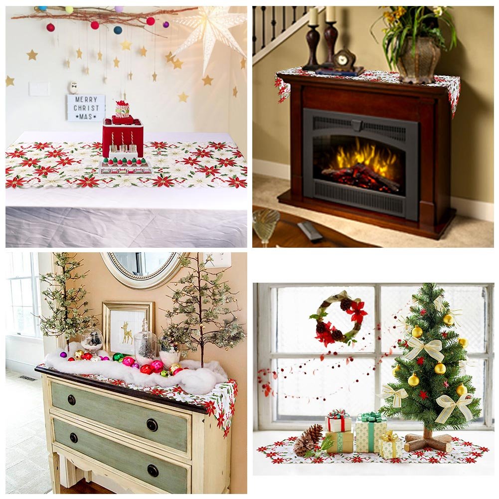 OurWarm Christmas Embroidered Table Runners Poinsettia Holly Leaf Table Linens for Christmas Decorations 15 x 70 Inch OurWarm
