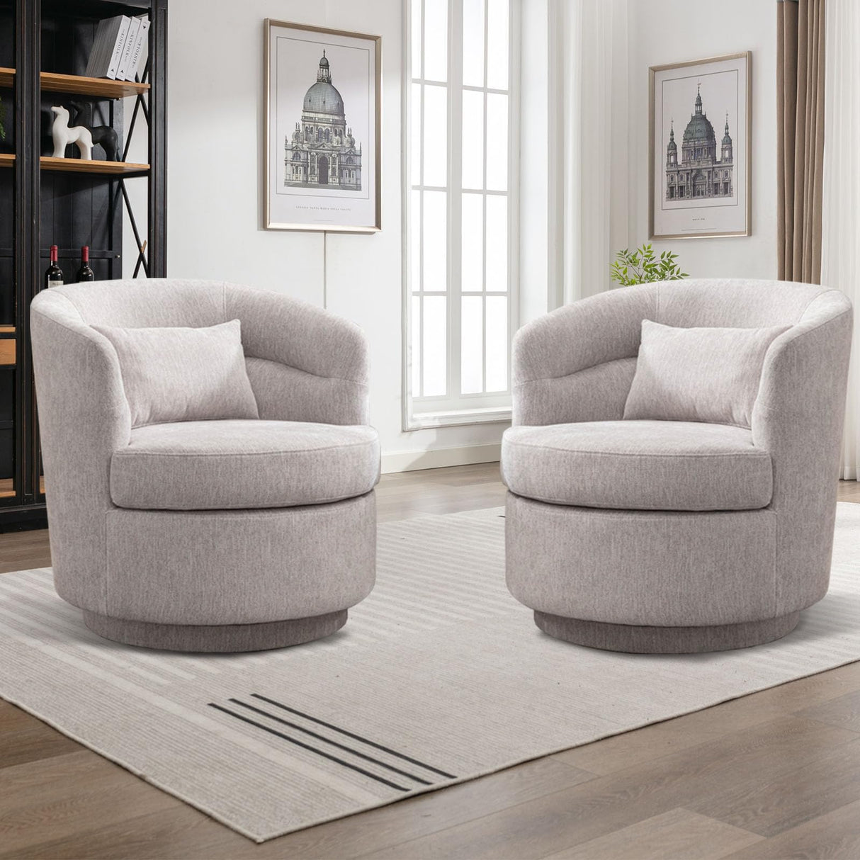 CANMOV Swivel Accent Chair Set of 2, 360 Degree Round Swivel Barrel Chair with Pillow, Upholstered Comfy Barrel Armchair Single Club Sofa Chair for Living Room,Bedroom, Reading Room, (Grey*2) CANMOV