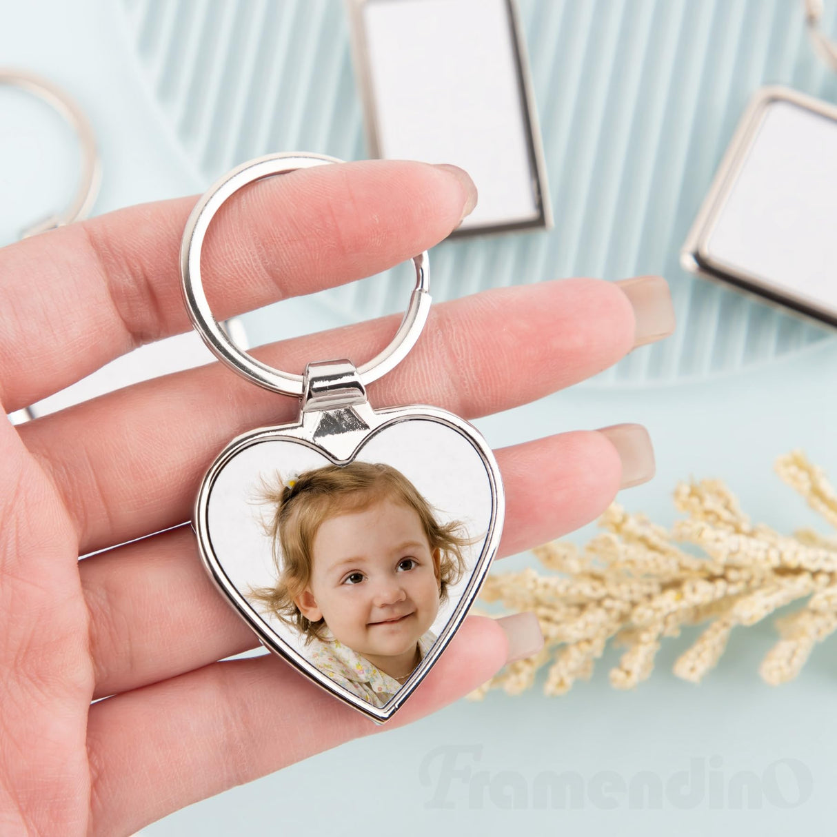 Framendino, 12 Pack Sublimation Keychain Blanks Heat Transfer Press Blank Key Chains with Key Rings for DIY Photos Crafts Rectangular Round Square Love Heart Silver Framendino