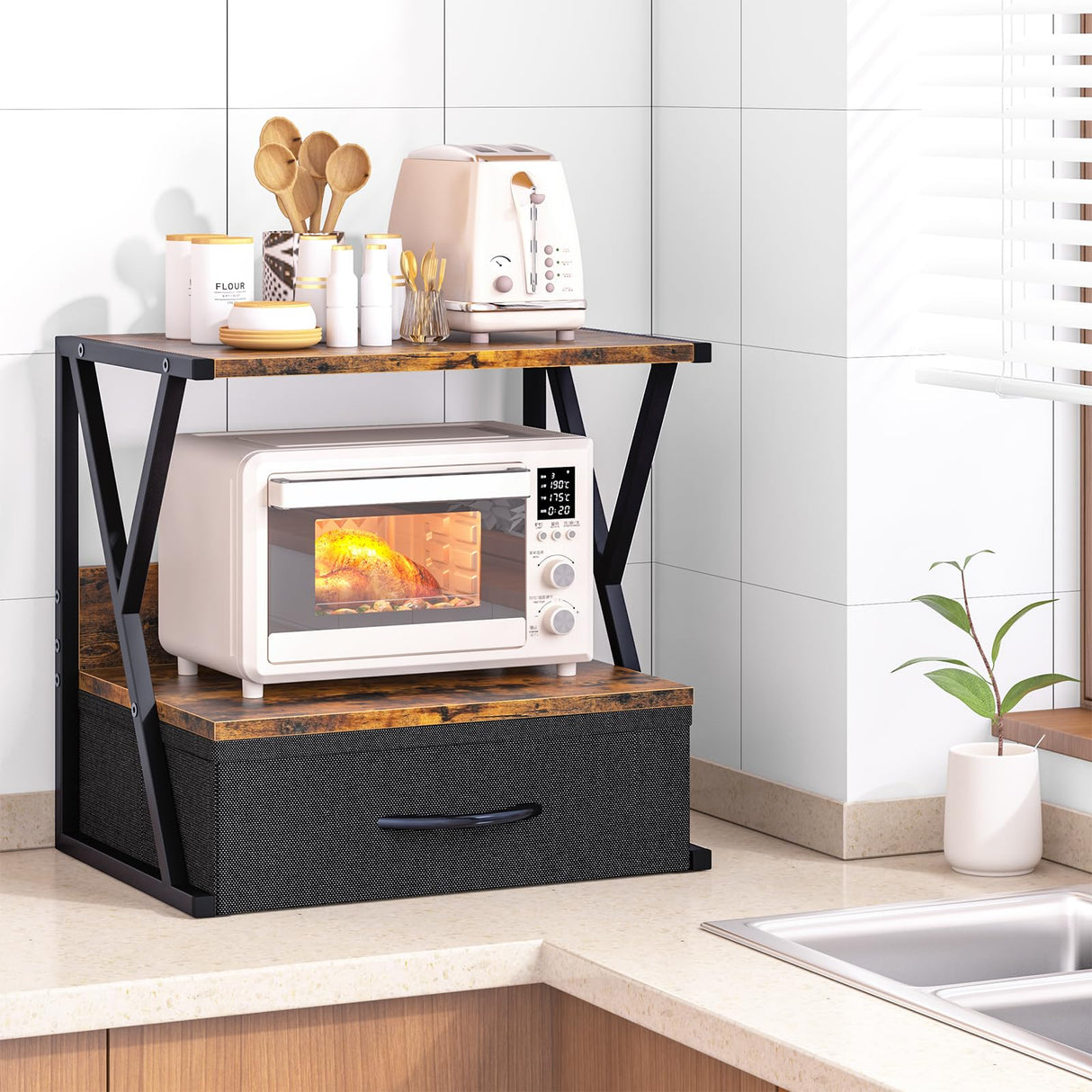 aboxoo Printer Stand for Desk with Storage Drawer, 2 Tier Desktop Or Under Desk Shelf, Multi-Purpose Desk Organizer for Home Office, fit Fax Machine/3D Printer/Scanner, Rustic Brown aboxoo