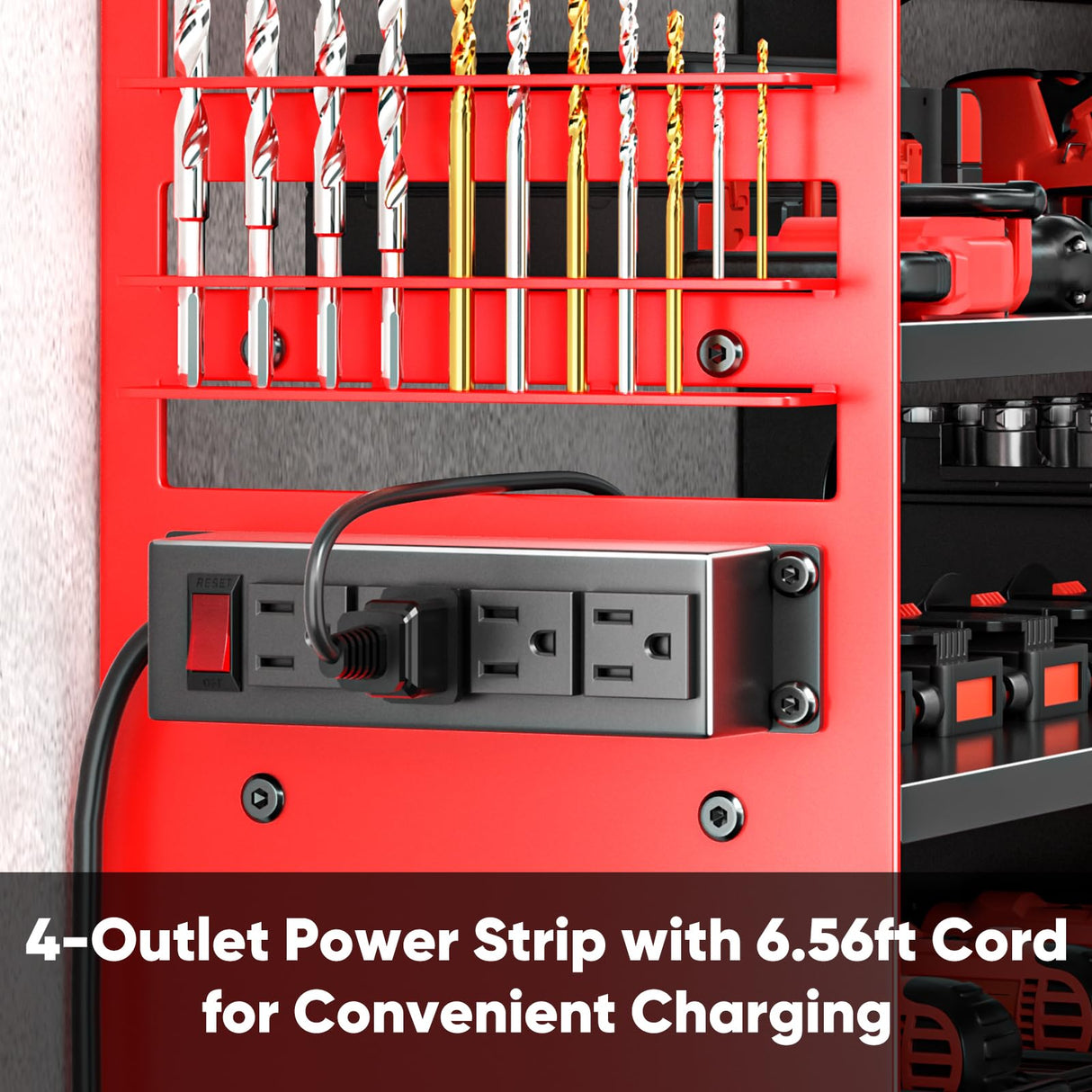 POKIPO Large Power Tool Organizer Wall Mount with Charging Station,4 Layer Heavy Duty Metal Tool Storage Shelf Loads 600lbs,Battery Utility Rack With 4 Outlet Power Strip with 8 Cordless Drill Holder POKIPO