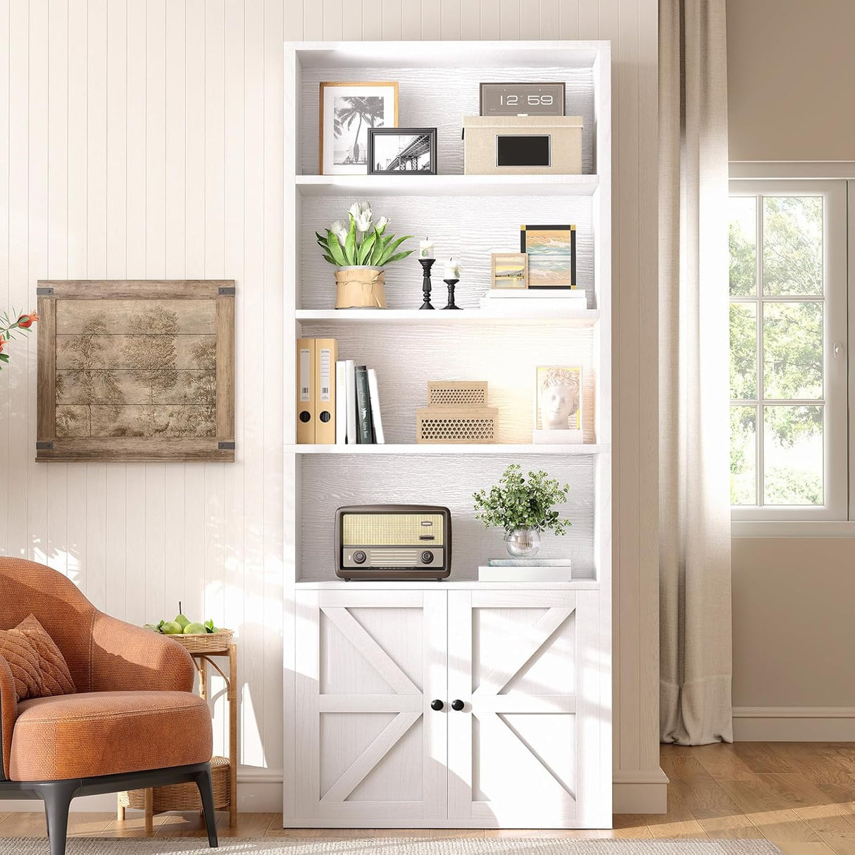 OneBlis 71.5" Bookshelf and Bookcase, 6-Tier Bookshelves with Cabinet Doors, Tall Display Shelves with Storage for Home Office, Living Room (White) OneBlis