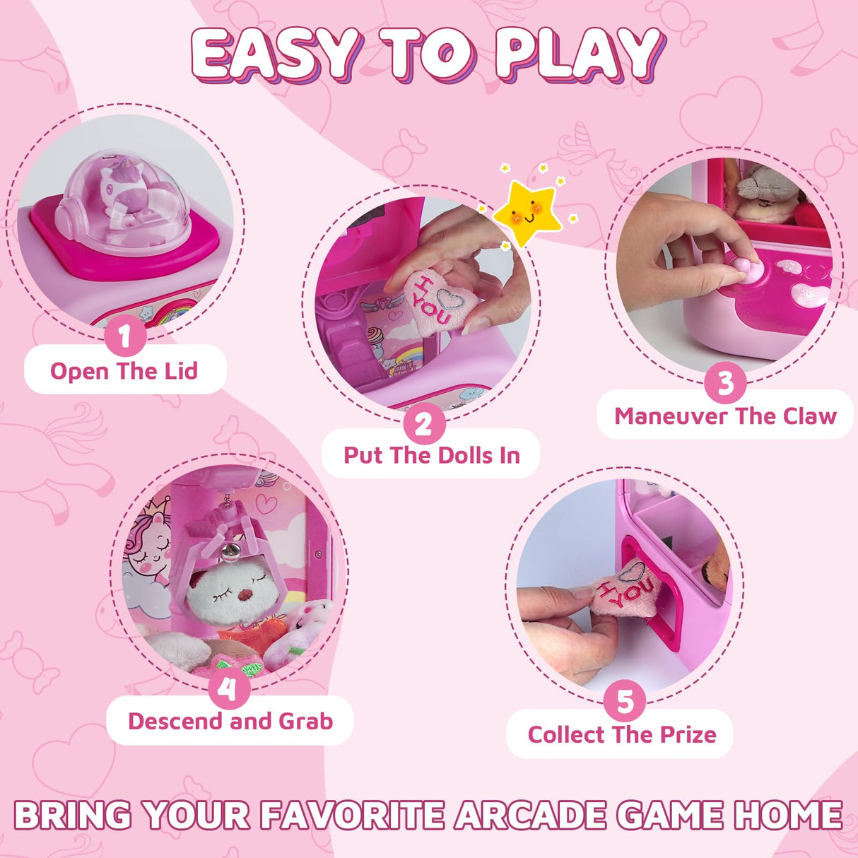 Claw Machine for Kids, Mini Vending Machine Girls Unicorn Toys, Candy Grabber Prize Dispenser with Sound & 20 Mini Plush Toys, Electronic Arcade Game Indoor Toy for Home Party Birthday Gifts Marlrin