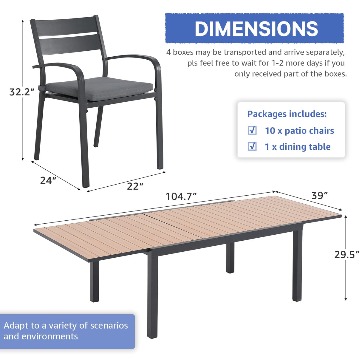 SUNSITT 11-Piece Outdoor Patio Dining Set, 63" - 105" Aluminum Expandable Outdoor Dining Table Set for 10, 10 Stackable Chairs with Gray Removable Cushions SUNSITT