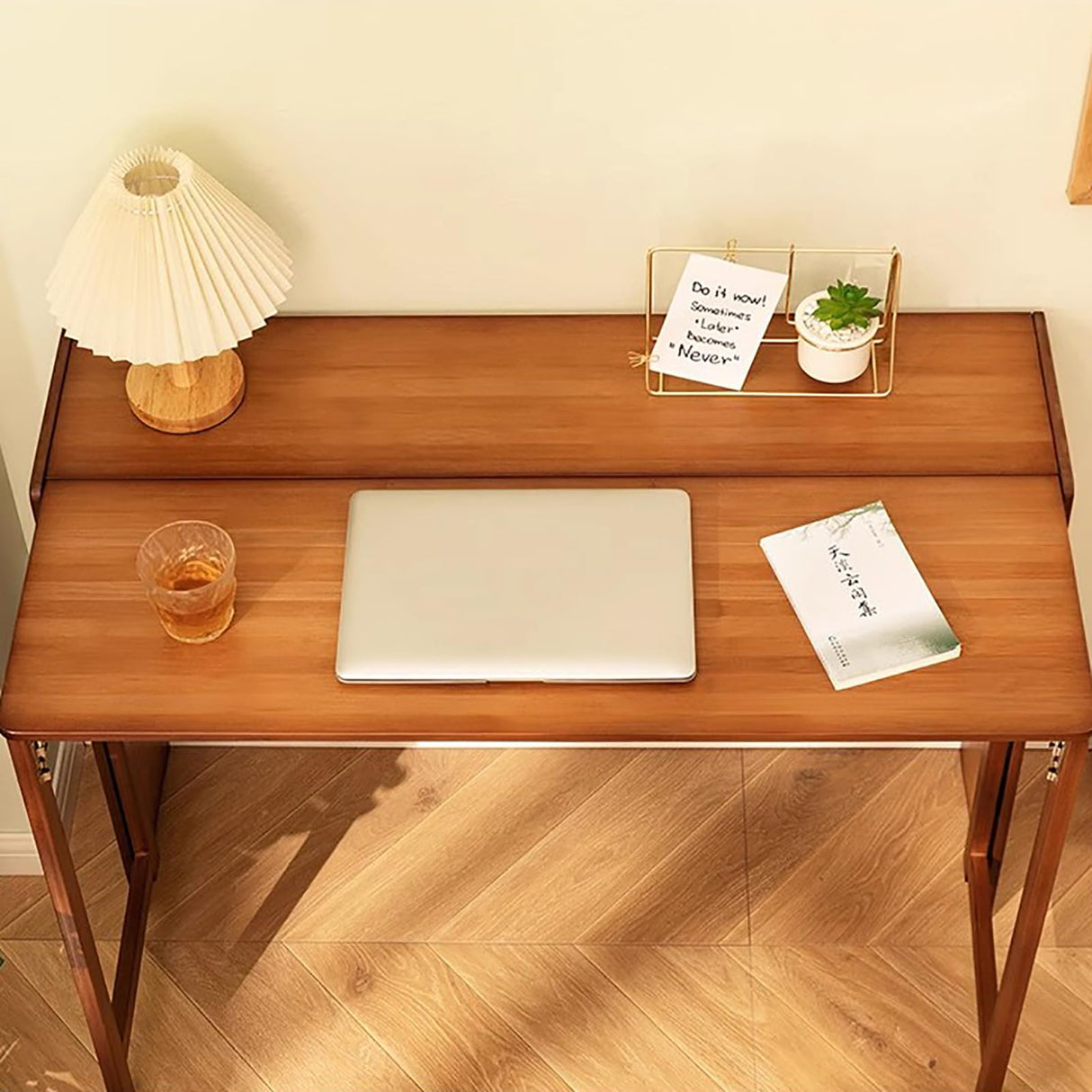 Lebolna Collapsible Desk for Small Spaces,Bamboo Folding Writng Working Computer Desk,Expandable Design with Shelves,Rustic Foldable Desk Table Home Office Fold Up Desk(33" W, Brown) Lebolna