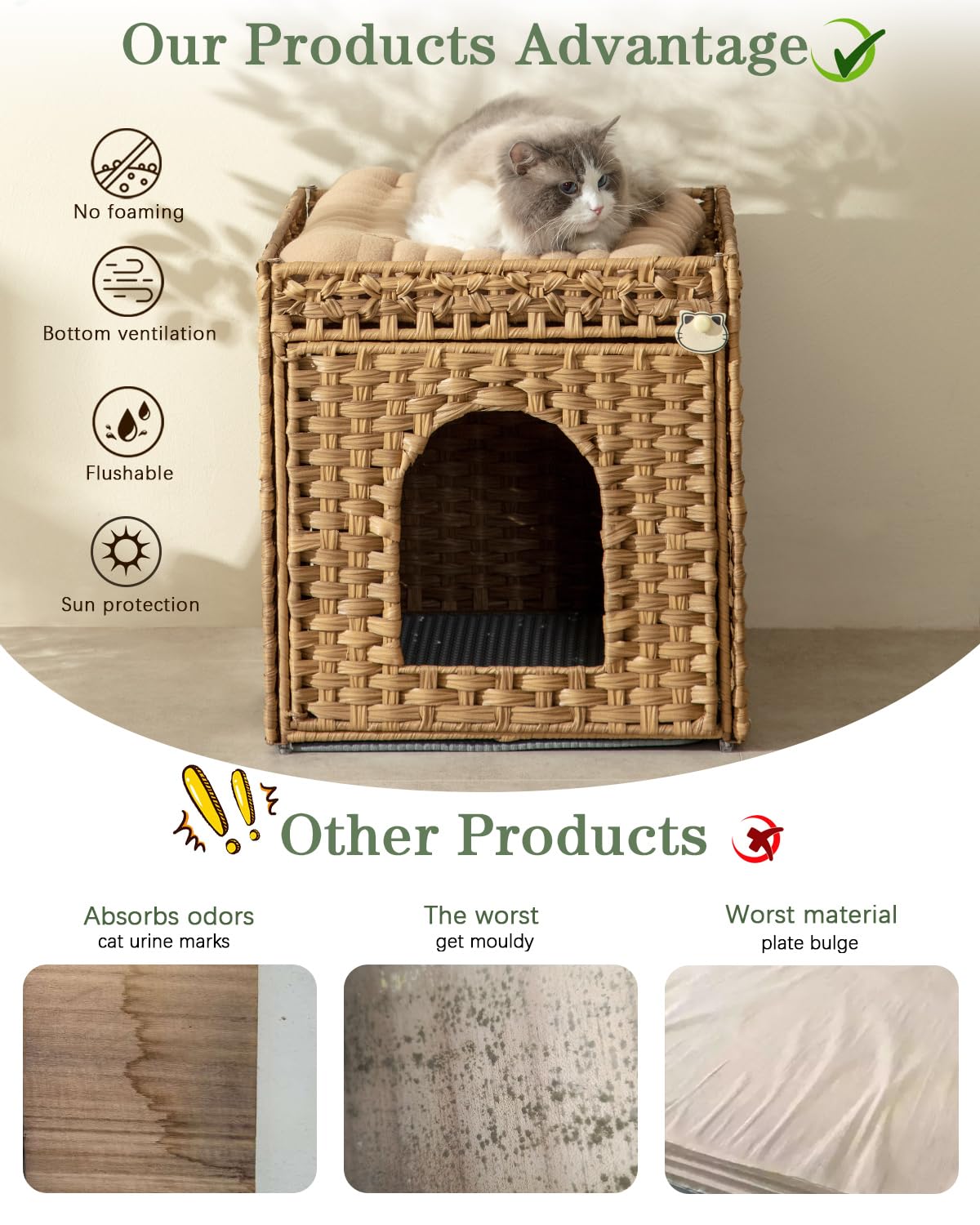 SETVSON Cat Litter Box Enclosure Furniture, Hidden Litter Box with Mat and Fence, Handwoven Rattan Cat House with Two S-Shaped Hooks for Living Room, Bedroom, 18.5 x 20.5 x 19.1 Inches (Natural) SETVSON