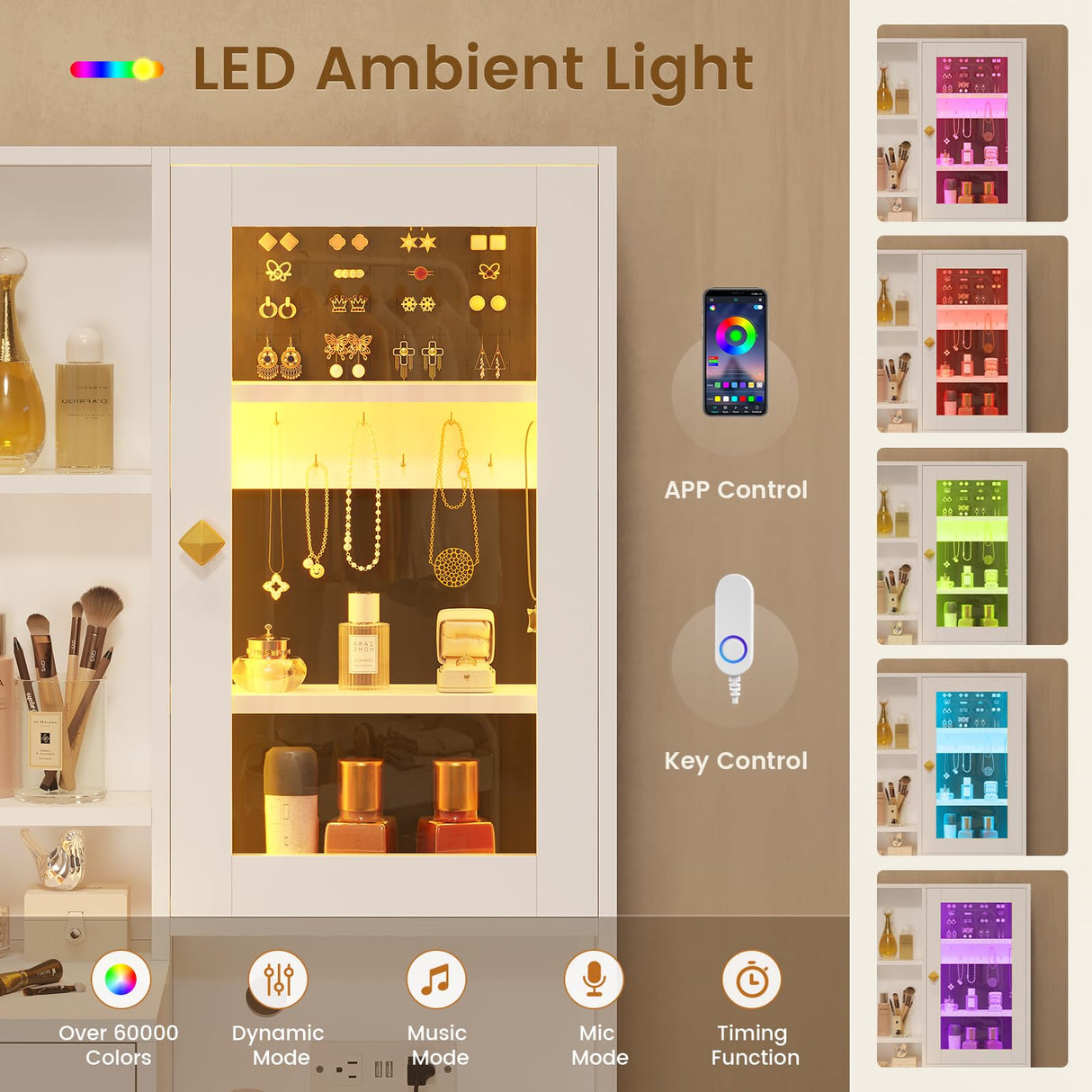 BTHFST Makeup Vanity with Upholstered Stool & Charging Station, Vanity Desk with Mirror and Lights, Vanity Table Set with Jewelry Storage & RGB Lights & 5 Drawers & Shelves, White & Gold BTHFST