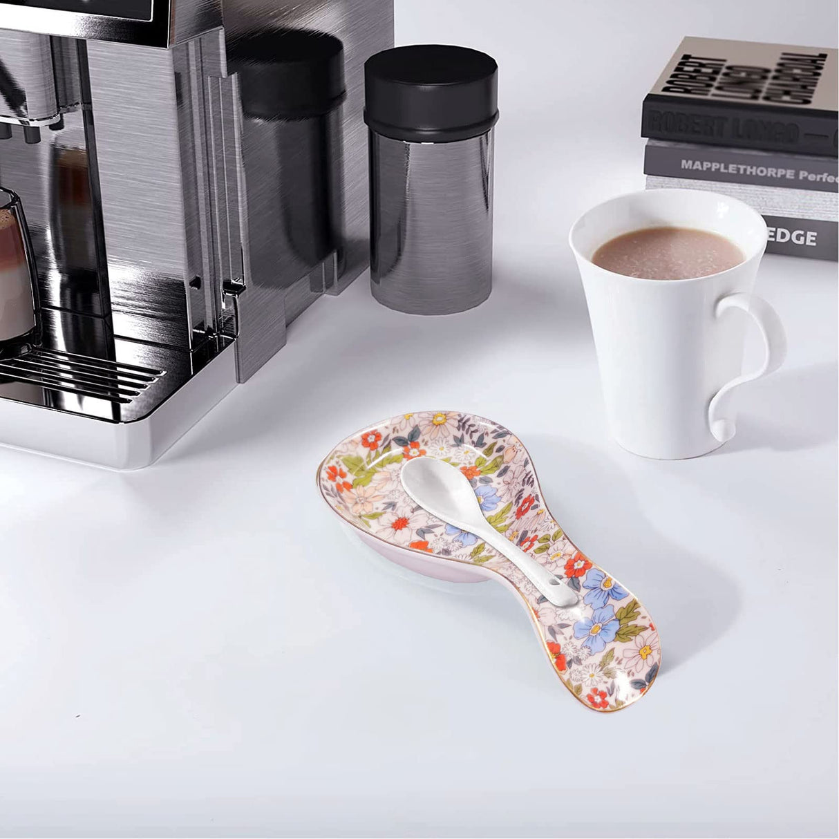 LEAZUL Ceramic Spoon Rest for Stove Top Large Spoon Holder Farmhouse Spoon Rest for Kitchen Counter Floral Coffee Spoon Rest Flowers Print Cooking Utensil Tools Rest Modern Kitchen Decor LEAZUL