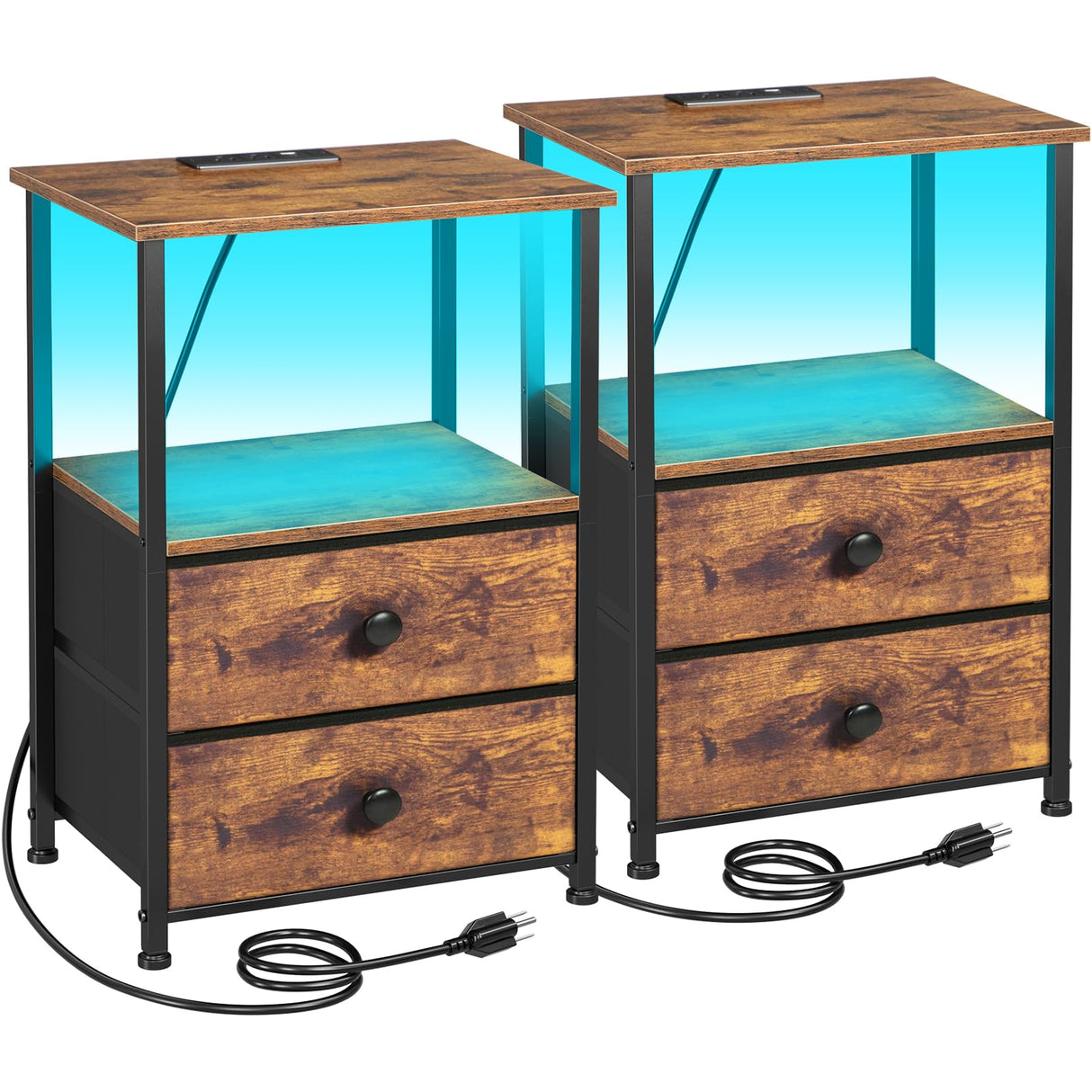 LOAKEKEL Night Stand Set 2, LED Nightstand with Charging Station, End Tables with Storage Shelf, Bedside Table with 2 Fabric Drawers for Bedroom, Small Spaces, Rustic Brown HETS02PBR LOAKEKEL