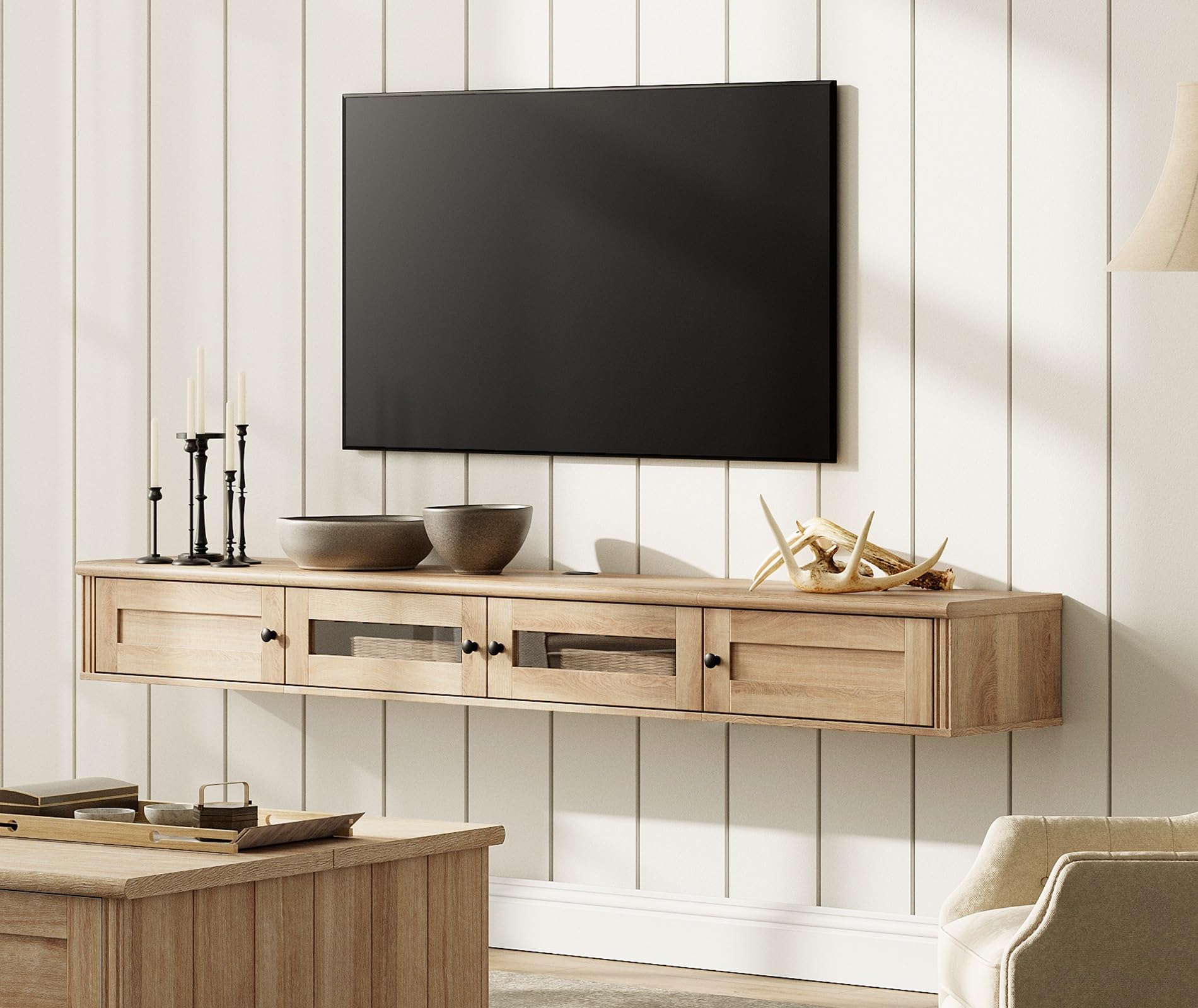 WAMPAT Floating TV Stand for TVs up to 80 Inch, Wooden Floating TV ...