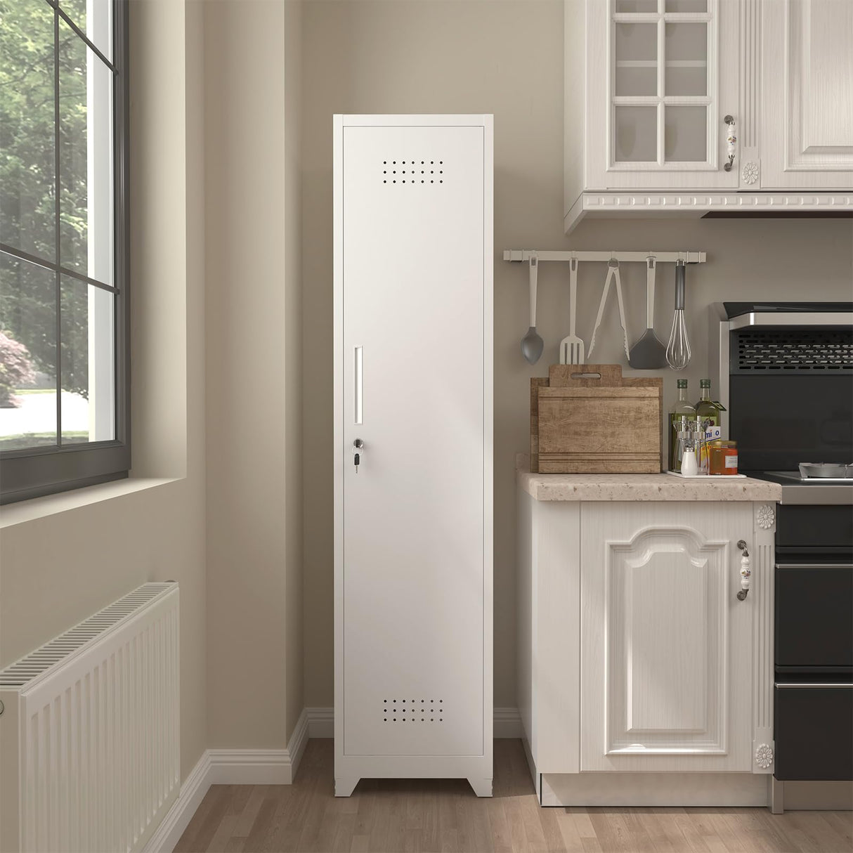 STEELIST Slim Broom Storage Cabinets, Metal Cabinet with Shelves and Hanging Rod, 65" Utility Storage Cabinet with Locking Door, Tall Cleaning Cabinets for Kitchen, Pantry, Office, Shop, Garage STEELIST