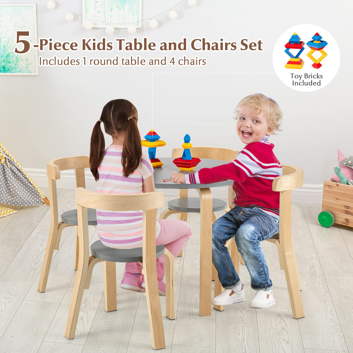 Costzon Kids Table and Chair Set, 5-Piece Wooden Activity Table w/ 4 Chairs, Toy Bricks, Classroom Playroom Daycare Furniture for Playing, Drawing, Reading, Bentwood Toddler Table & Chairs (Grey) Costzon