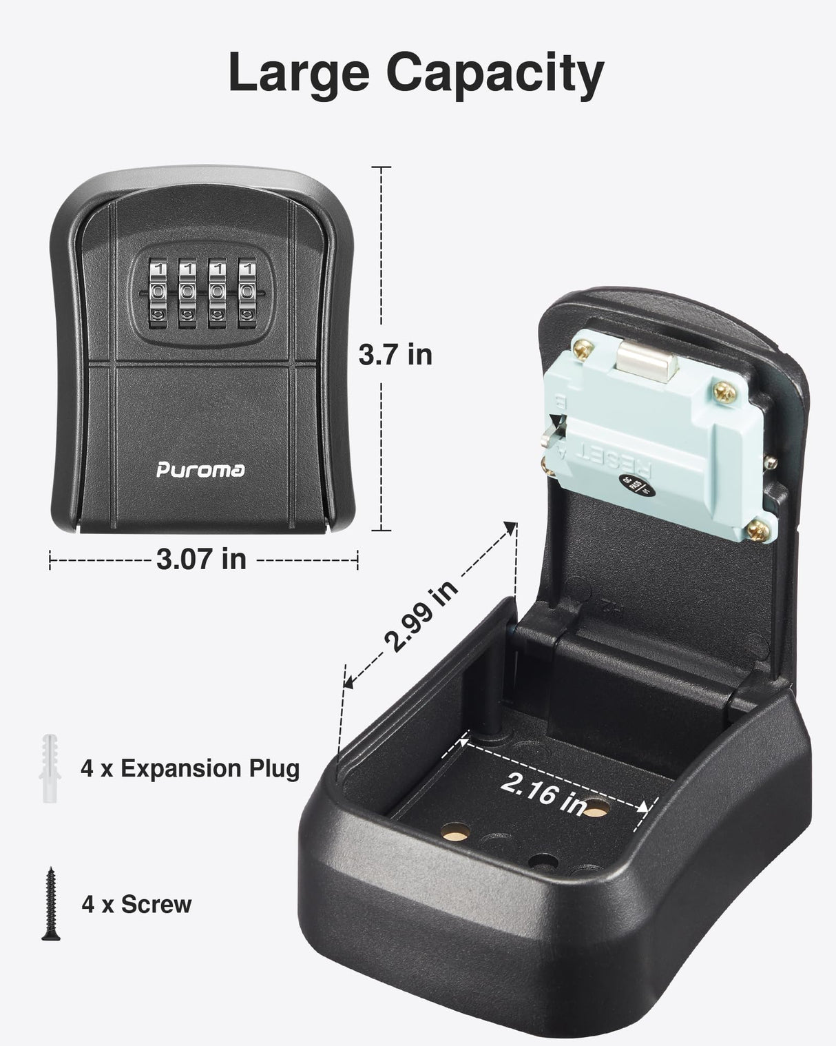 Puroma Key Lock Box Combination Lockbox Wall-Mounted Key Storage Box for House Keys, Resettable Code Safe Security Lock Box for Home, Office, Garage, Apartment Spare Key Storage (1 Pack, Black) Puroma