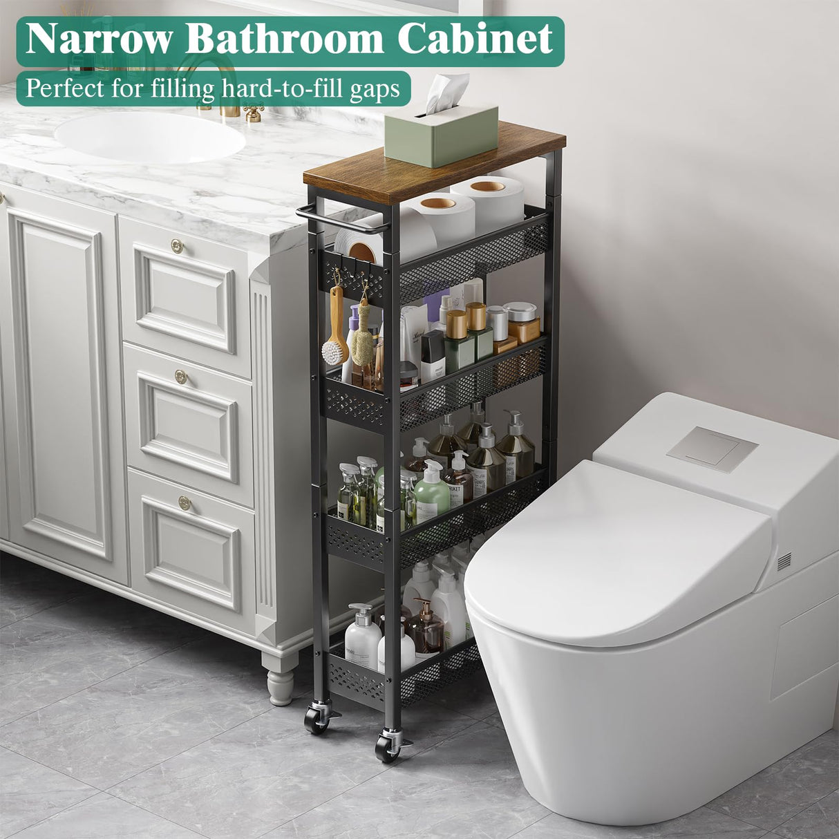 Giwil Slim Storage Cart 5 Tier Narrow Kitchen Rolling Cart on Wheels for Small Space, Metal Utility Cart Narrow Bathroom Storage Cabinet Mobile Shelf Unit Organizer with Wood Top and Handle, Black Giwil