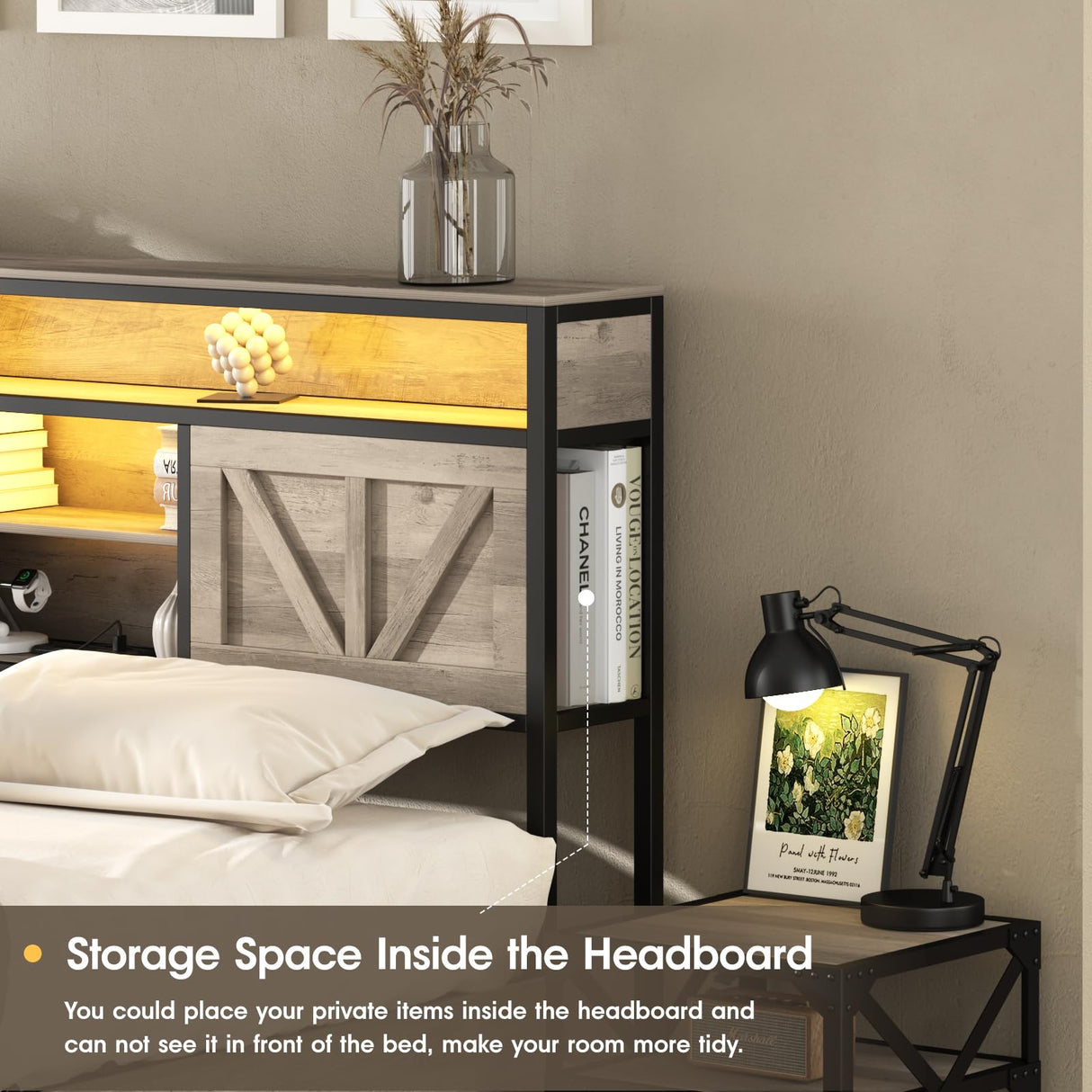 Halitaa Queen Size Bed Frame with LED Light and Charging Station, Featuring 4 Storage Drawers and Headboard Shelves in Wash Grey Halitaa