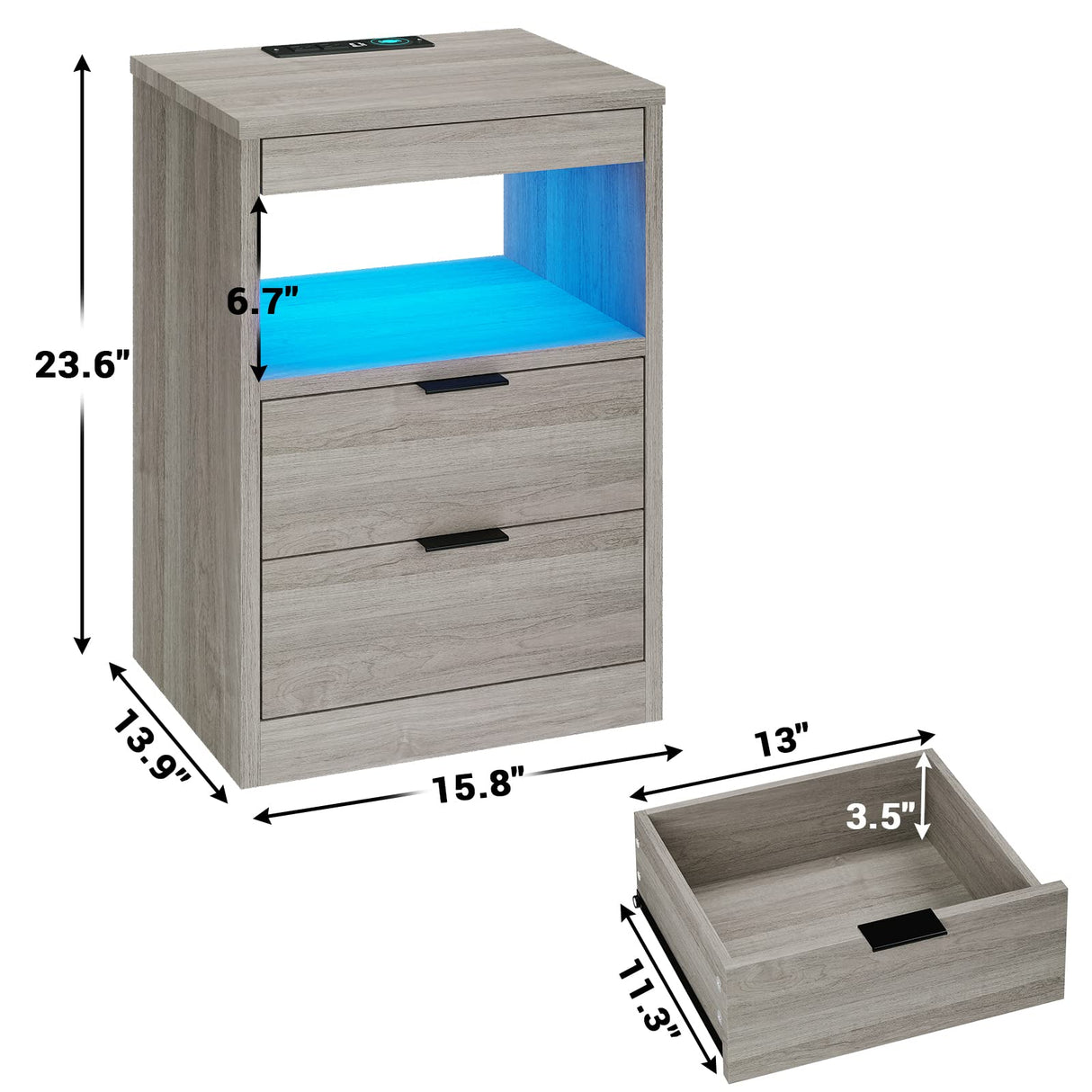Tiptiper LED Nightstand Set of 2, Gray Nightstand with Wireless Charging Station, Night Stand with Drawers & Pull-Out Shelf, Modern Bedside Table with Storage, End Side Table Tiptiper