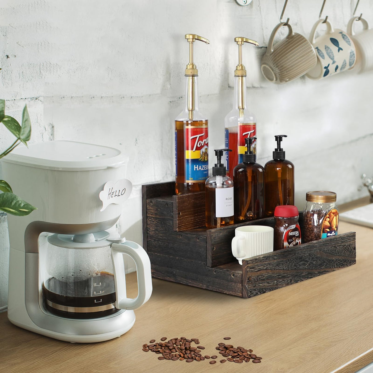 ERTIUANIO 3 Step Real Wood Countertop Liquor Bottle Display Shelf, 12 Bottle Freestanding Bar Shelves with Fences, Home Retro Wine Rack Storage Organizer, Whiskey Coffee Syrup Display Stand ERTIUANIO