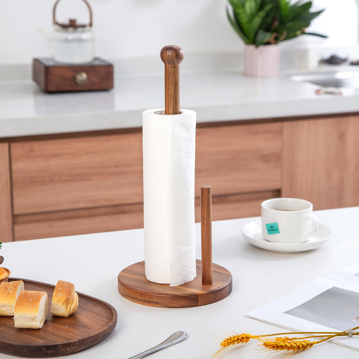 MornHalo 15" Acacia Wooden Paper Towel Holder, 6.7" Large Heavy Base Wooden Kitchen Roll Stand Organizer Free Standing, Rustic Farmhouse Paper Towel Holder Stand, Standing Paper Towel Roll Holders MornHalo