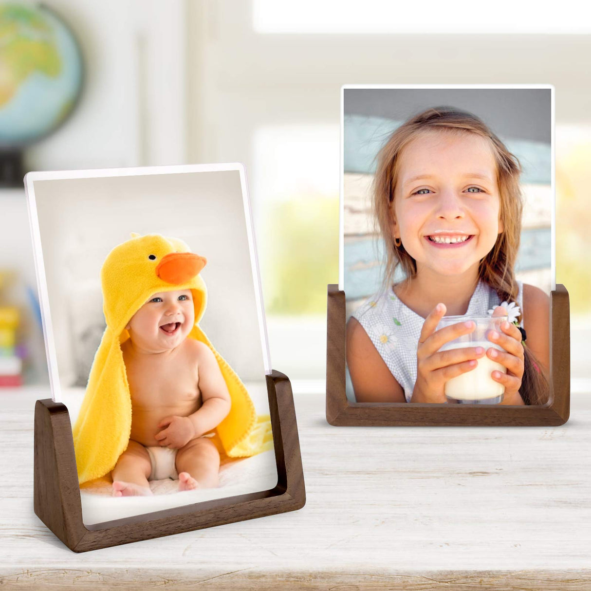 Mixoo Picture Frame 2 Pack - Rustic Wooden Photo Frames with Walnut Wood Base and High Definition Break Free Acrylic Glass Covers for Tabletop or Desktop Display (4x6 inch, Vertical + Vertical) Mixoo