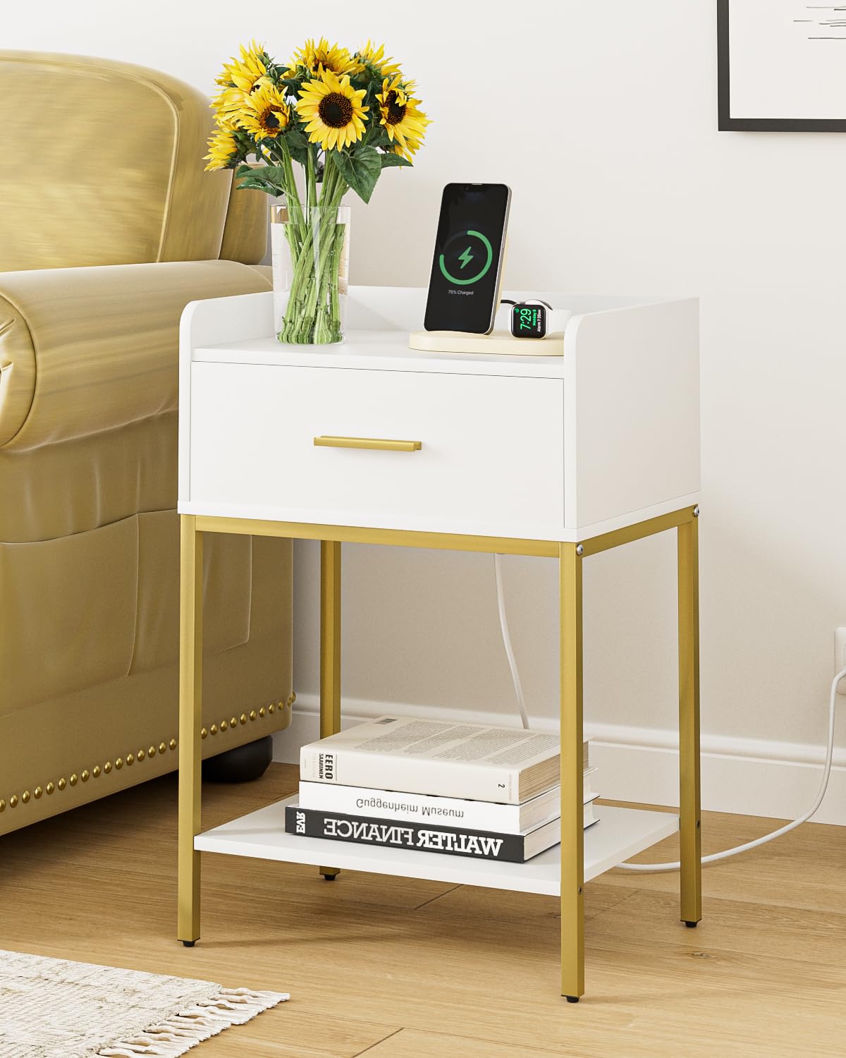 Aienvey Nightstand with Charging Station,Bedside Table with Drawer and 2 Shelf Storage, Small Side Table, Modern White Night Stand, Tall End Table for Bedroom, Living Room Aienvey