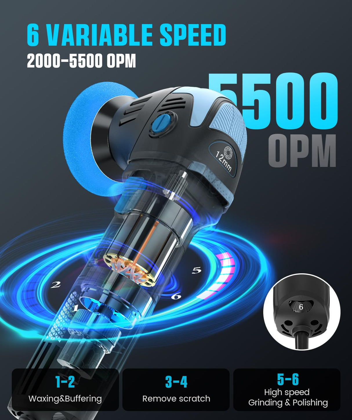 Mini Polisher, 2inch/ 3inch 750W Car Buffer Polisher with 12mm Random Orbital-Improve Work Efficiency by 35%, with 16pcs Trapezoidal Polisher Pads &16.4 ft Cord, Polisher for Car Detailing and Waxing RAYBAO