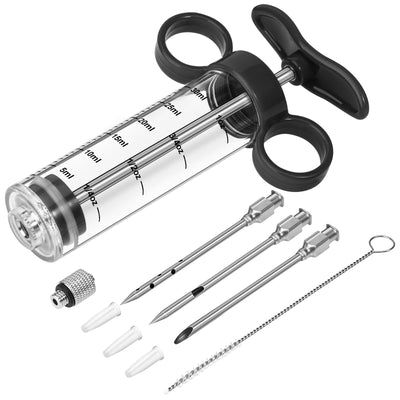 Kingsmile Meat Injector Syringe, Marinade Injector with 3 Needles for BBQ Grill, 1OZ /30ML Turkey Injector Syringe, Handle Meat Injector for Smoking, Flavor Injector for Meat with Cleaning Brush Black
