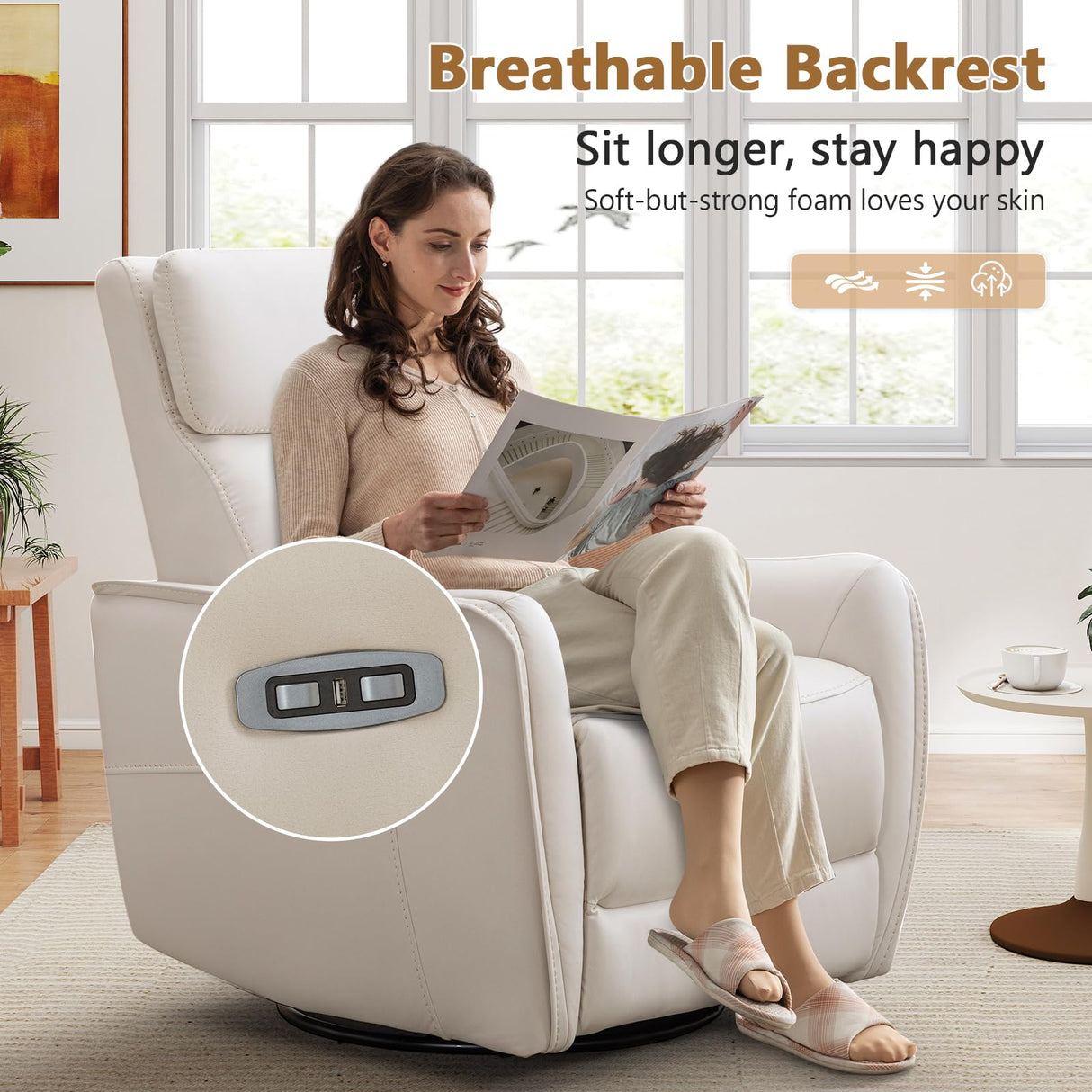 ANJ Swivel Recliner Chair, Glider Rocker Recliners for Nursery, Power Rocker Reclining Chair with USB Port, Upholstered Leathaire Electric Rocking Chairs for Living Room, Bedroom, Cream White ANJ